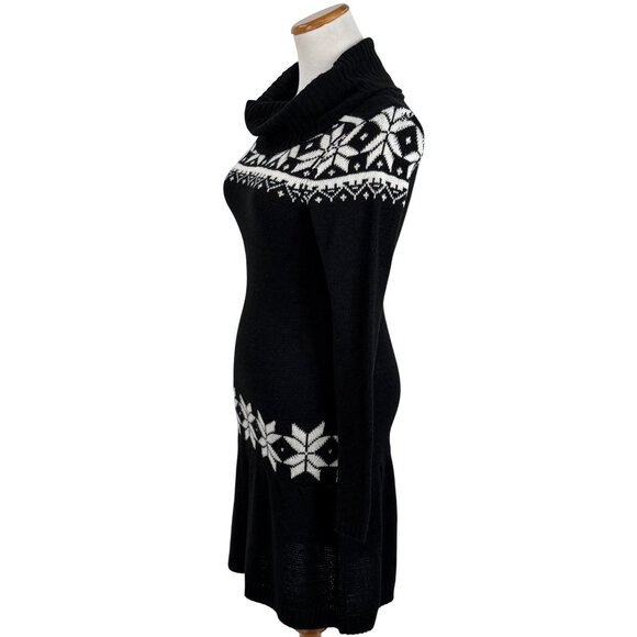 Black & White Fair Isle Cowl Neck Mini Sweater Dress | Nordic Cottagecore Cozy M - Picture 11 of 16